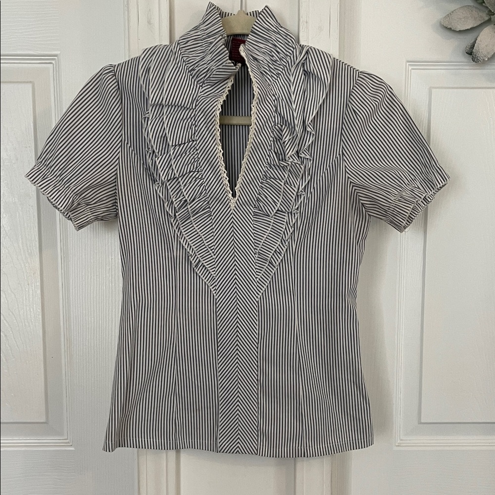 Anthropologie Striped Ruffle V-Neck Top
